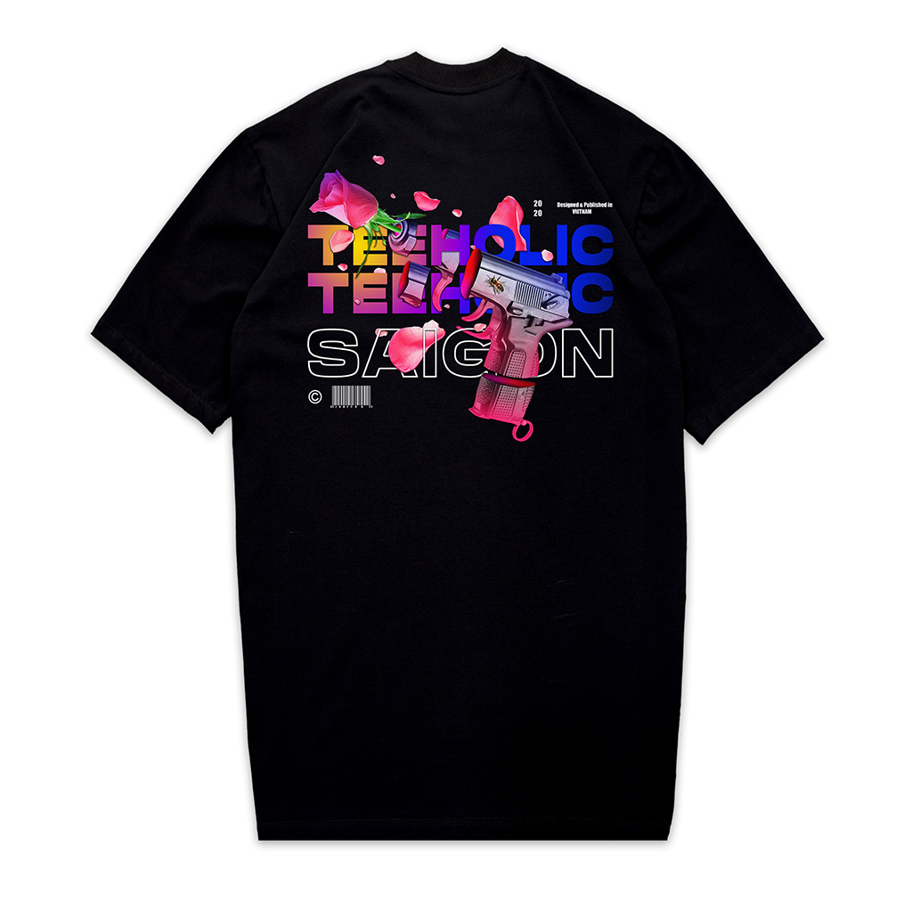 Áo thun unisex in hình hoa hồng màu đen ths - teeholic