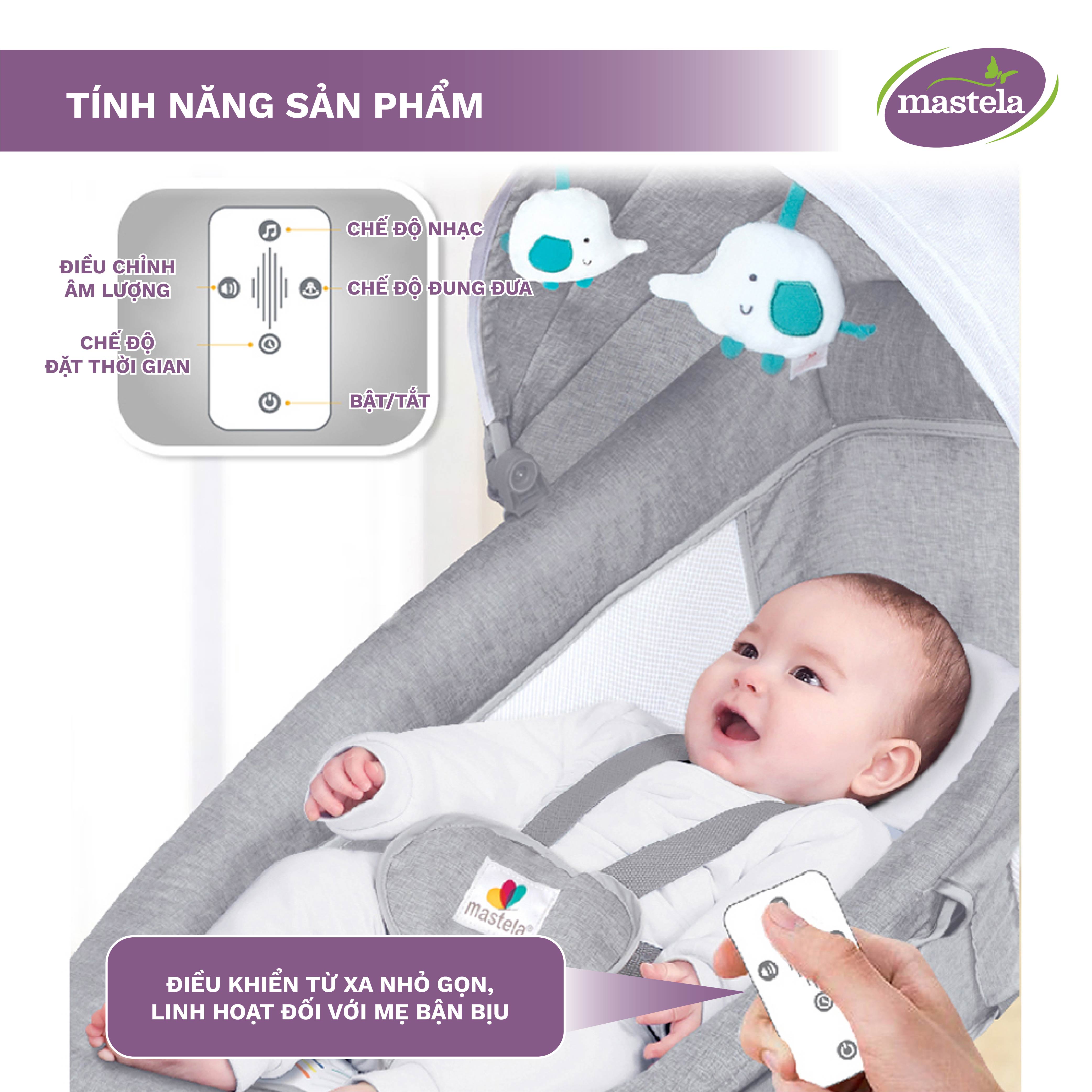 Nôi điện tự động cho bé điều khiển từ xa kết hợp nhạc trắng ru ngủ thư giãn kiêm ghế ngồi đọc sách  Mastela 8104/8106