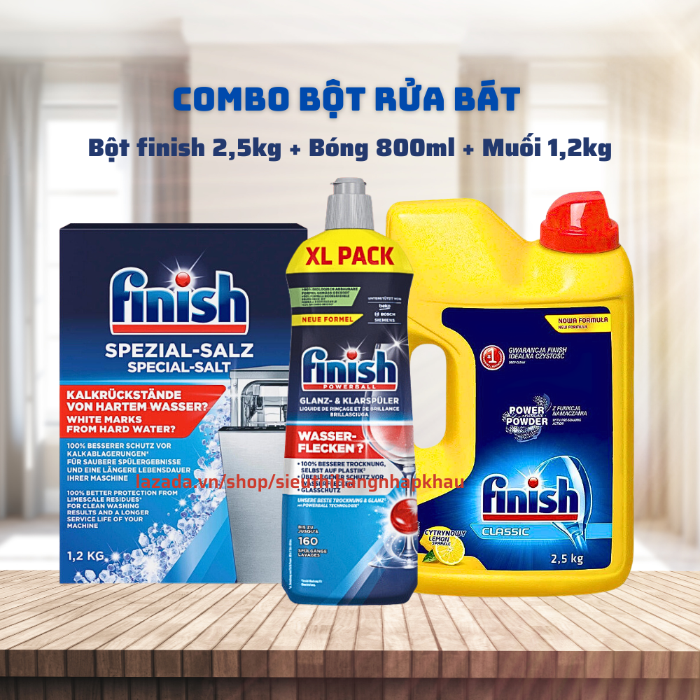Combo rửa chén finish: bột classic 2,5 2,2kg + muối 1.2kg + bóng 800ml dùng cho máy rửa bát máy rửa chén