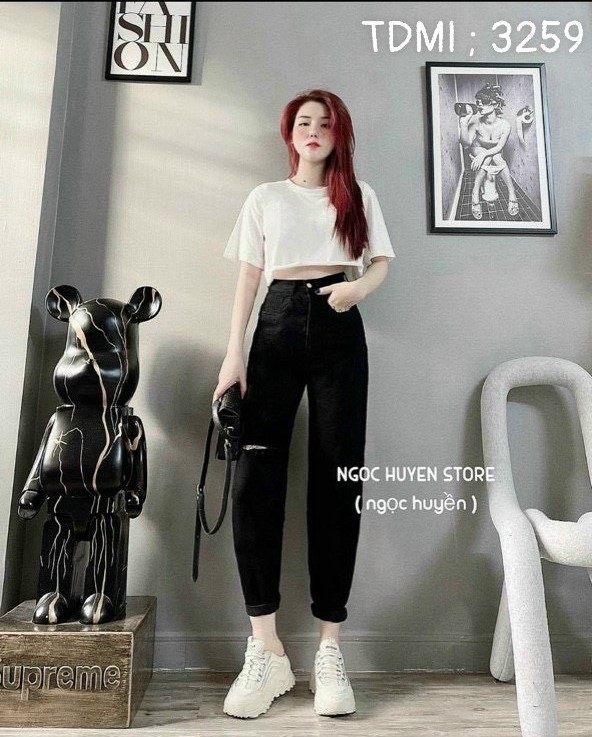 Quần baggy jean nữ rách gối nhẹ màu Đen - Quần bò nữ cạp cao phong cách