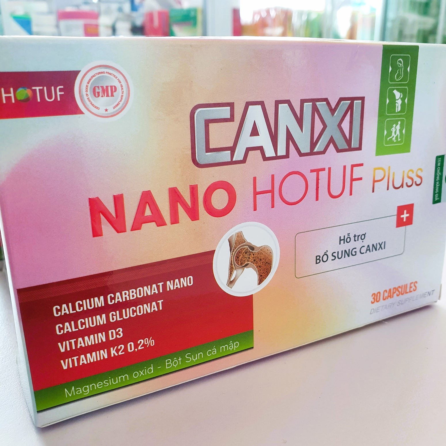 Canxi nano, vitamin D3+K2 giảm nguy cơ loãng xương, thiếu hụt canxi ; CANXI NANO HOTUF Pluss Hộp 30 viên