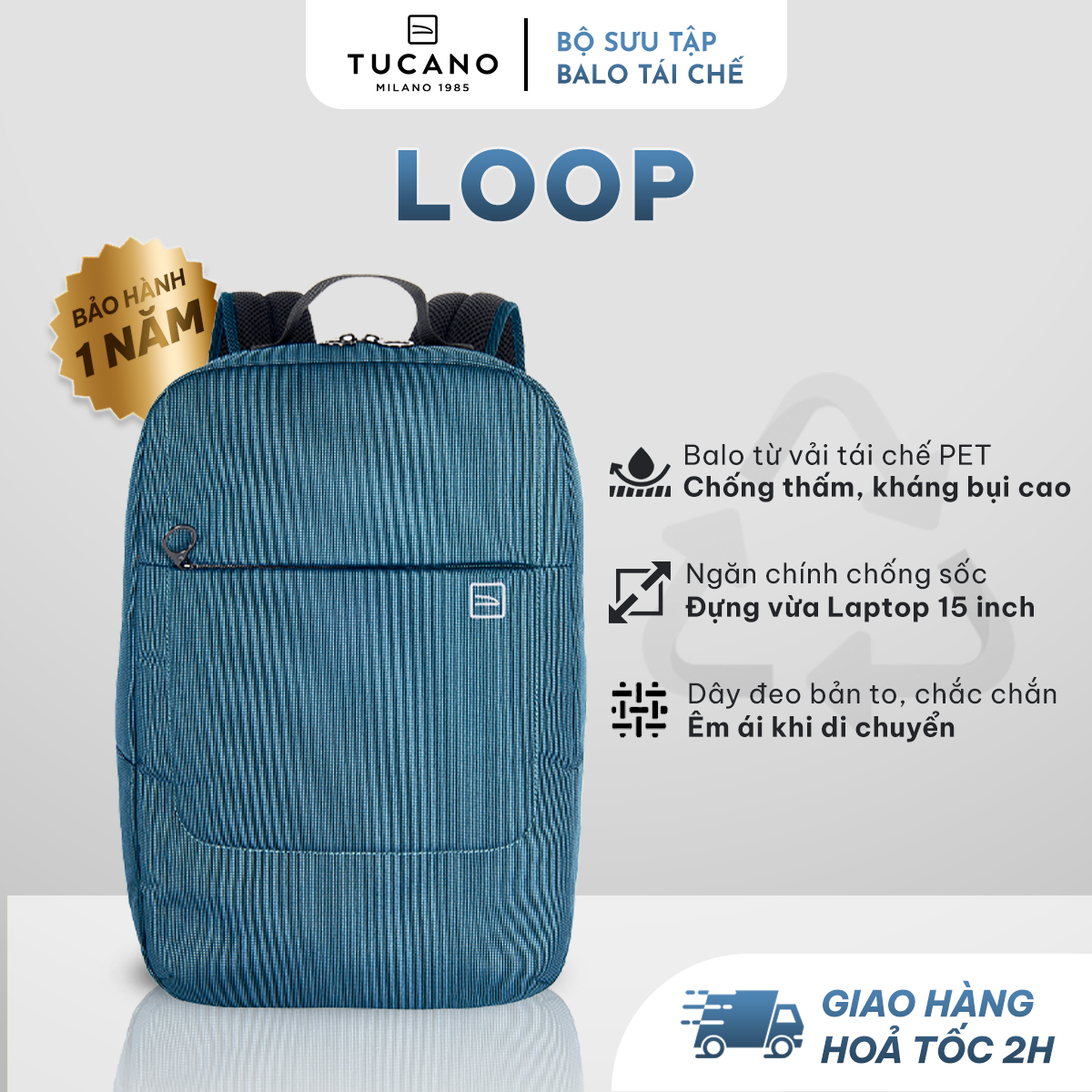 Balo Laptop/ Macbook Tucano Loop Eco tái chế,  dòng sản phẩm cao cấp gọn nhẹ chống sốc 15.6 inch