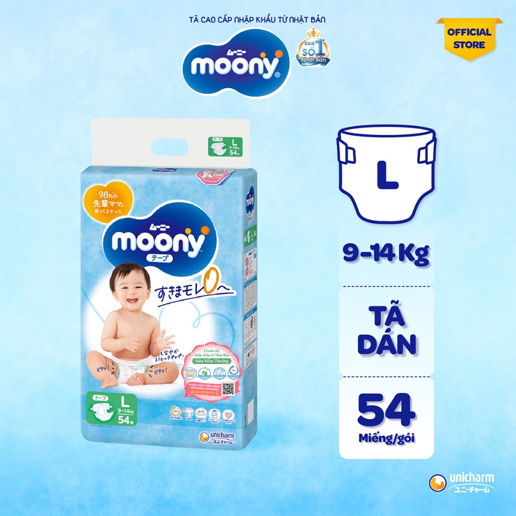 Moony xanh bỉm tã dán size l54 bé trai, bé gái