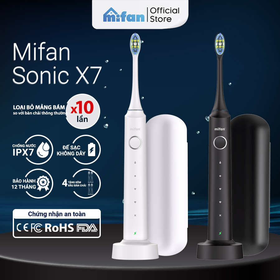 Bàn Chải Điện Mifan Sonic X5 Model 2024 - Bàn chải đánh răng máy sóng âm công nghệ Đức - Pin sạc USB, chống nước IPX7 - Tặng kèm 3 đầu bàn chải