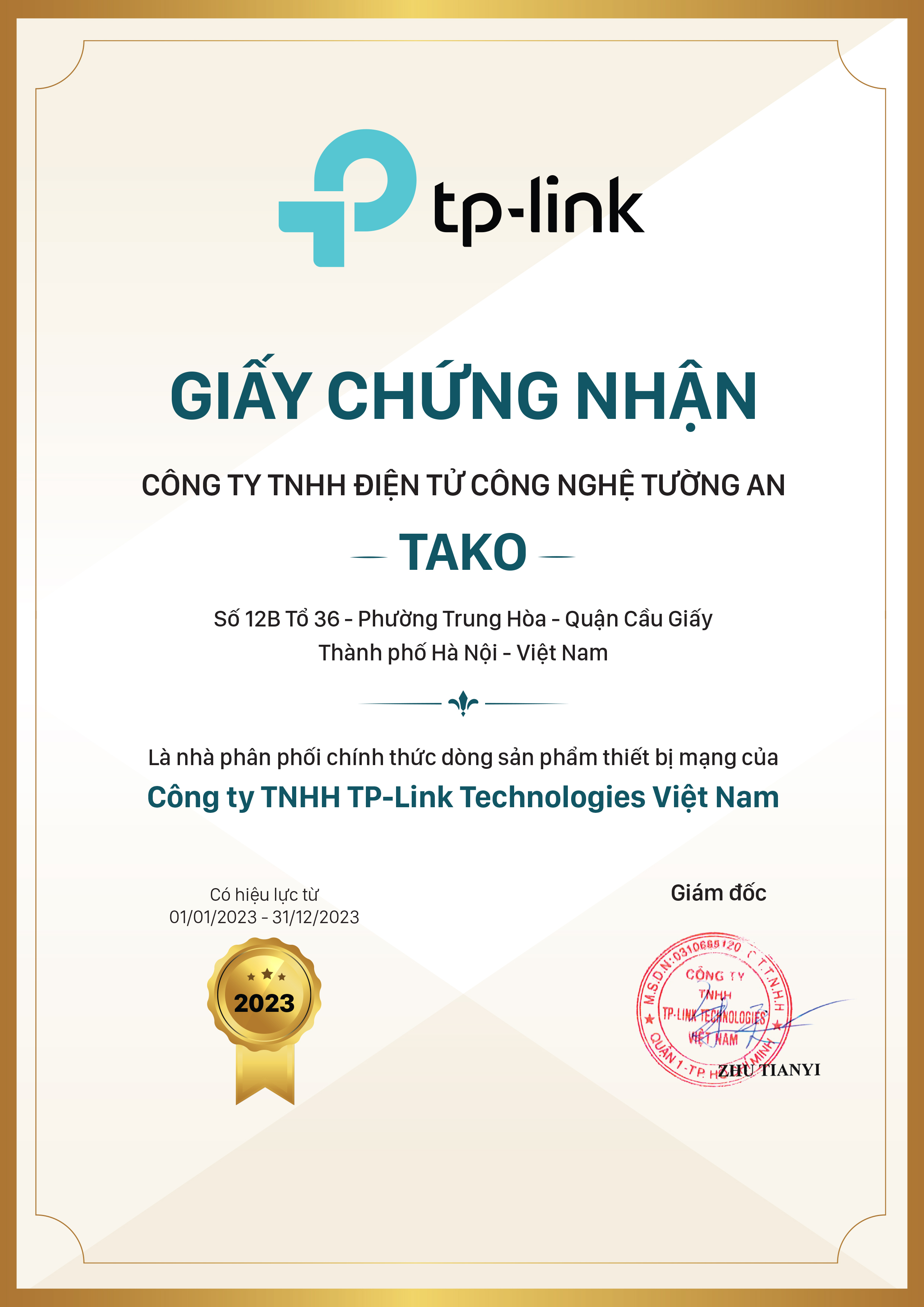 Chứng nhận TAKO là Nhà phân phối chính thức của Công ty TNHH Tp-Link Technologies Việt Nam 2023