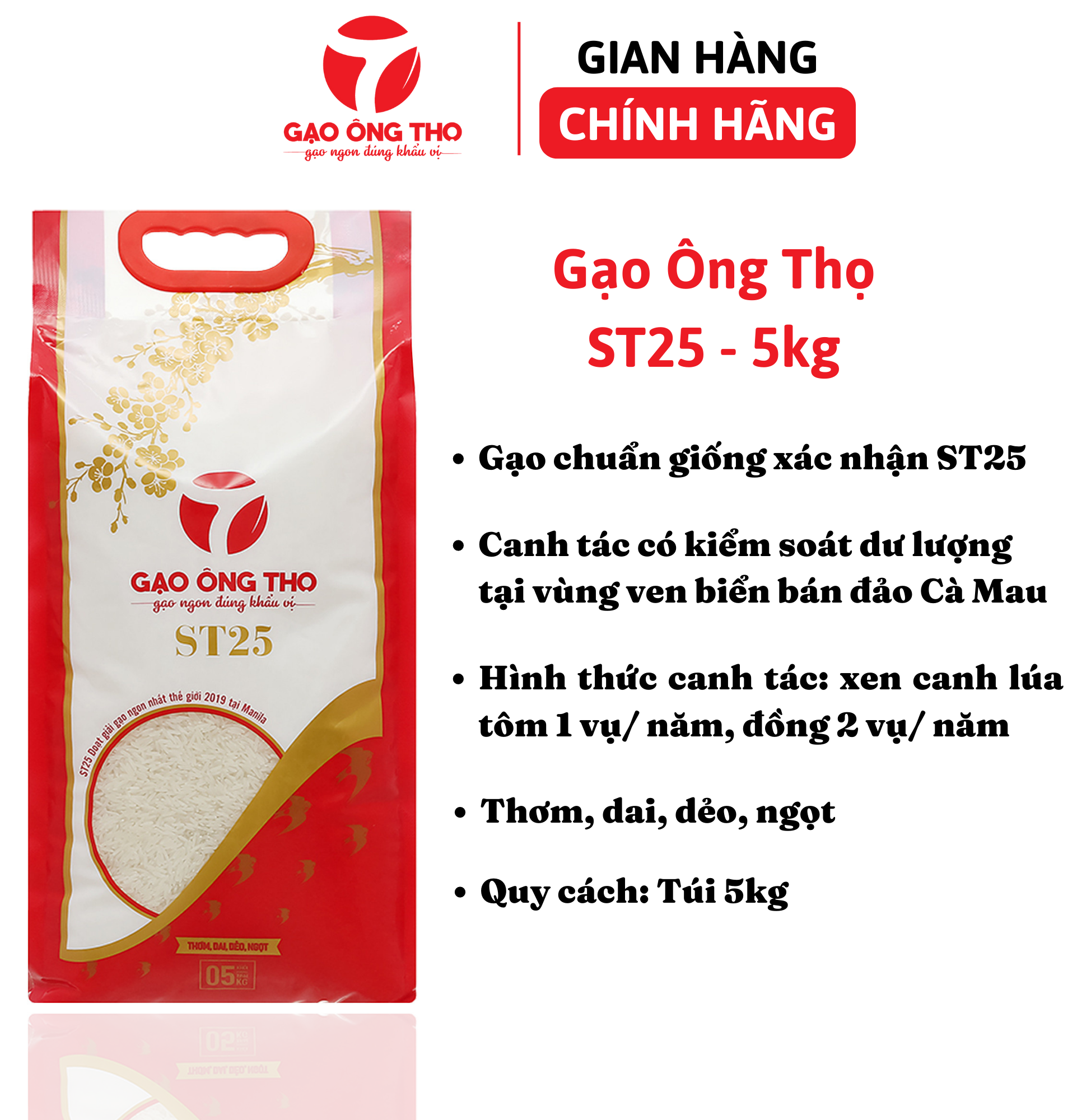 Gạo st25 – thương hiệu gạo ông thọ - cơm mềm, dẻo, dai, ngọt, thơm – túi ép 4 biên 5kg