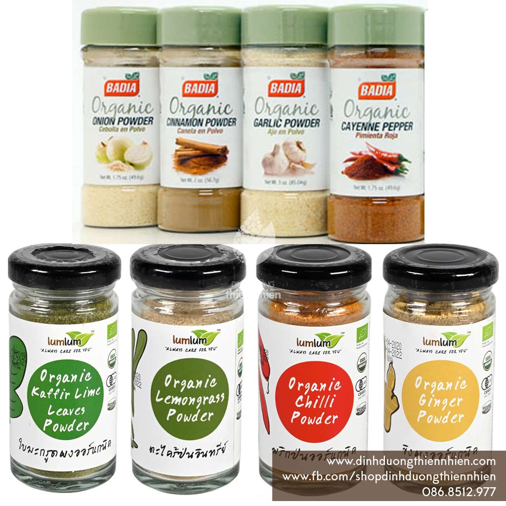 Bột gừng, bột ớt, bột sả, bột tỏi, bột hành tây, tiêu đen, bột nghệ, bột quế hữu cơ lumlum, badia, lum lum organic