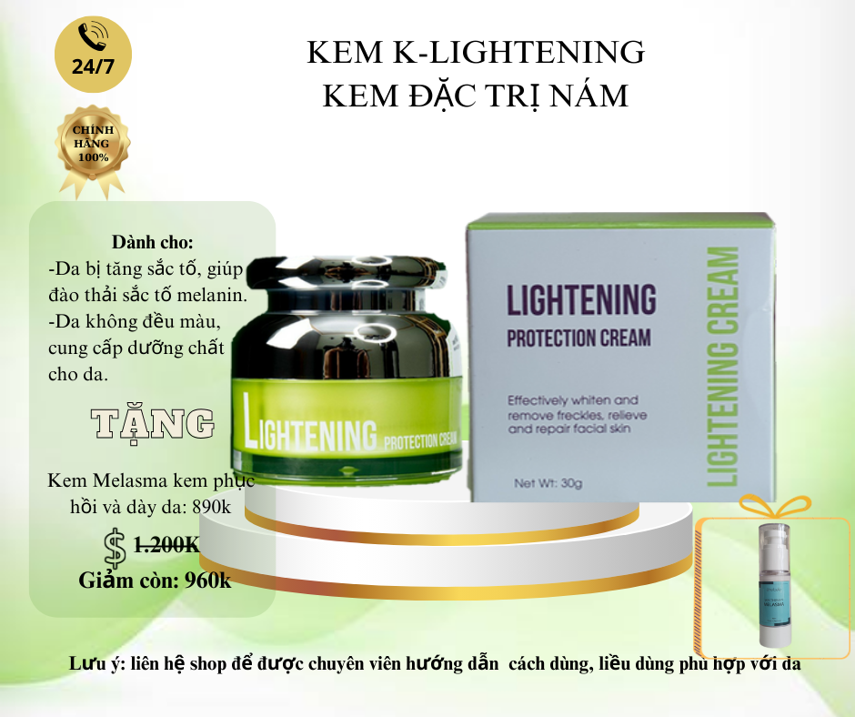 KEM K - LIGHTENING - KEM ĐẶC TRỊ NÁM - TẶNG 1 LỌ KEM MELASMA PHỤC HỒI DÀY DA