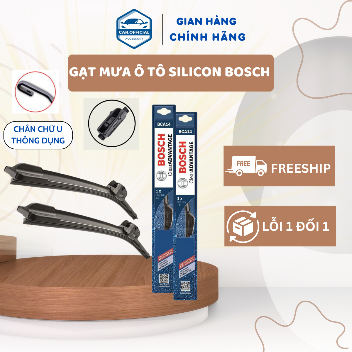 Gạt mưa ô tô Bosch Car. Official loại thân mềm silicone không xương cao cấp gạt siêu sạch không để lại vệt lỗi 1 đổi 1 ( Loại ngàm móc câu )