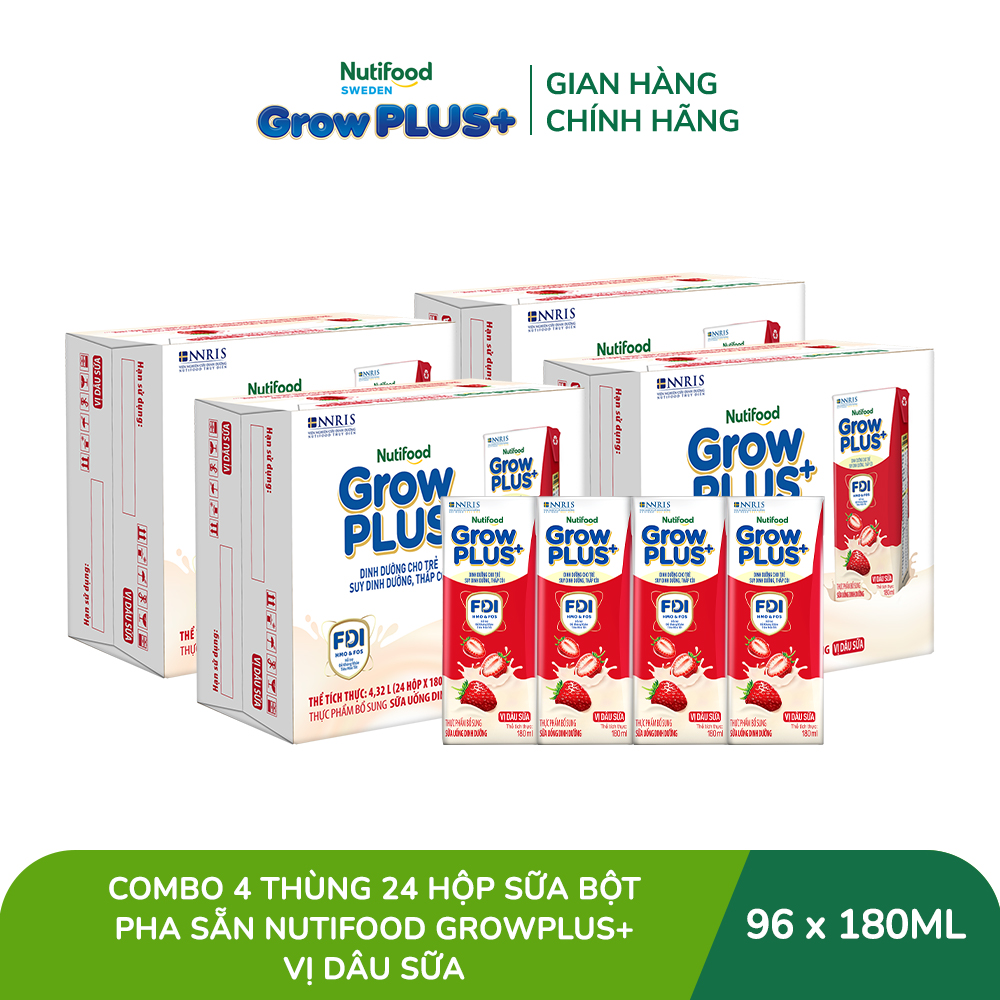 Combo 4 Thùng 24 hộp Sữa bột pha sẵn Nutifood GrowPLUS+ Vị Dâu Sữa hộp 180ml - Hỗ trợ phát triển cân nặng