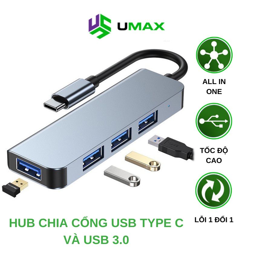 Hub type c và hub usb 3.0 tốc độ cao umax cổng chia usb mở rộng kết nối đa năng chuyển đổi tiện lợi cho laptop, pc