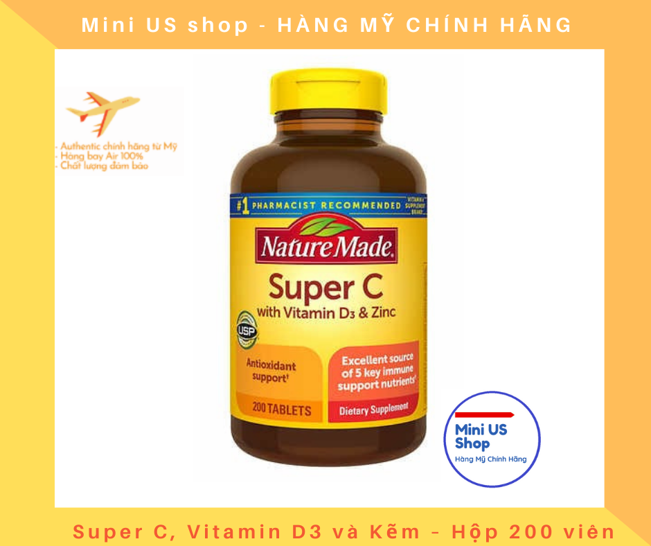 Viên uống nature made super c với vitamin d3 & kẽm - hộp 200 viên