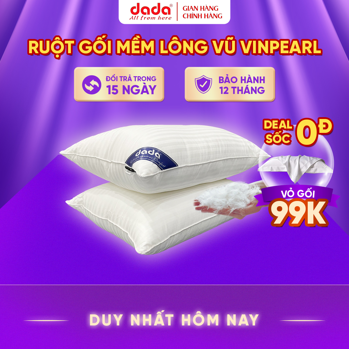 Ruột Gối Cao Cấp Vinpearl Chính Hãng - Lông Vũ Nhân Tạo Microfiber- Êm Mềm Dễ Chịu Massage Hỗ Trợ Vai Gáy - An Toàn Cho Sức Khỏe