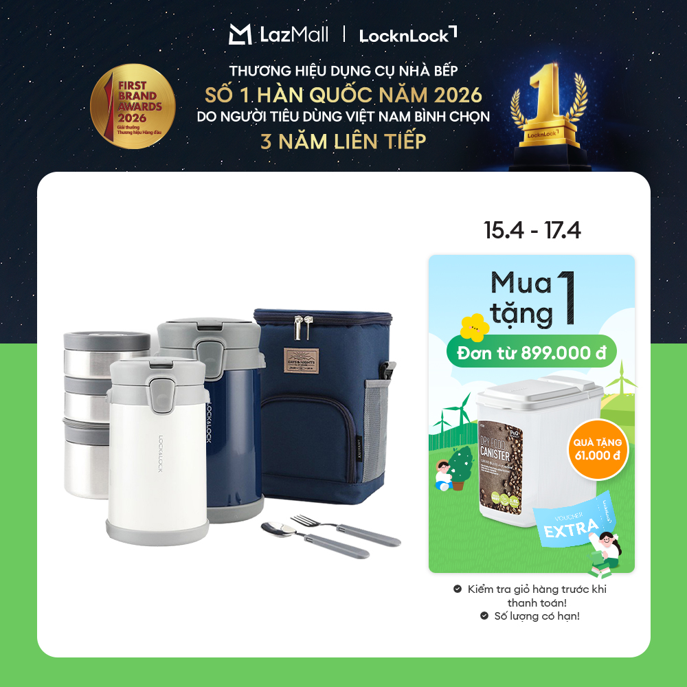 Bộ hộp cơm giữ nhiệt LockLock Easy Carry - LHC8039 - kèm bộ muỗng nĩa và túi đựng. Gồm 1 hộp 720ml+ 2 hộp 420ml - Hàng chính hãng