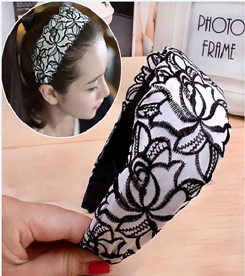 Cài tóc cài tóc nữ cài tóc băng đô ren bản lớn họa tiết hoa lá màu trắng
