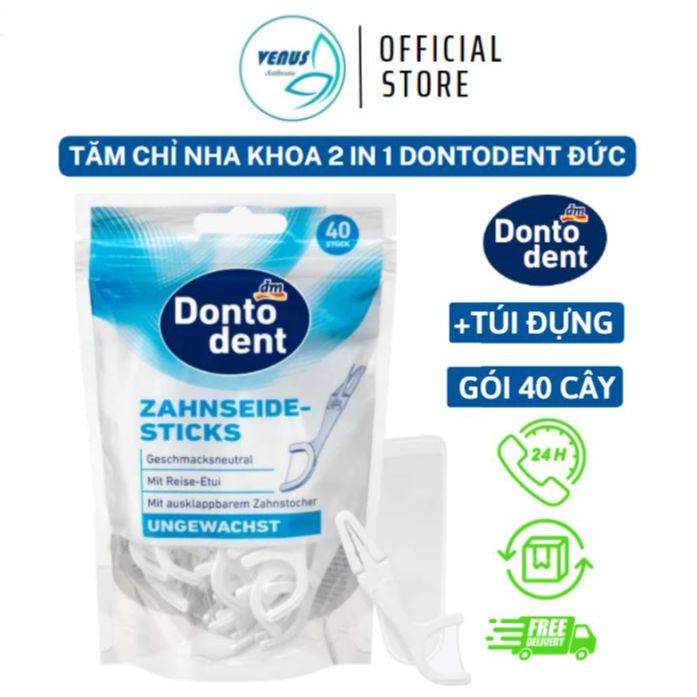 Tăm chỉ nha khoa Dontodent Đức 2 in 1 vệ sinh răng & kẽ răng, 40 cây kèm túi đựng - Hàng nội địa Đức