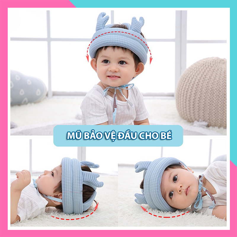 Mũ Bảo Vệ Đầu cho bé tập ngồi, tập đi - Siêu Cute, chất vải nhẹ, thoáng khí, điều chỉnh kích thước