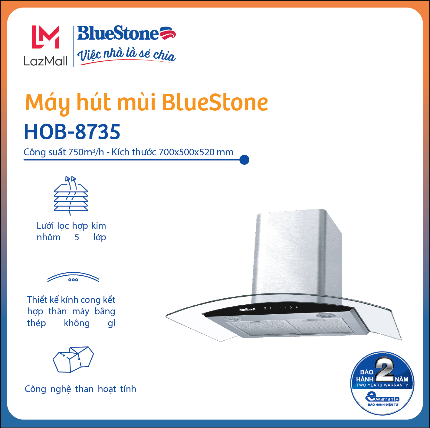 Máy Hút Mùi BlueStone HOB-8735 - Dòng máy hút mùi kính cong - Lưới lọc hợp kính nhôm 5 lớp - Than hoạt tính - Bảo hành 2 năm - Hàng chính hãng
