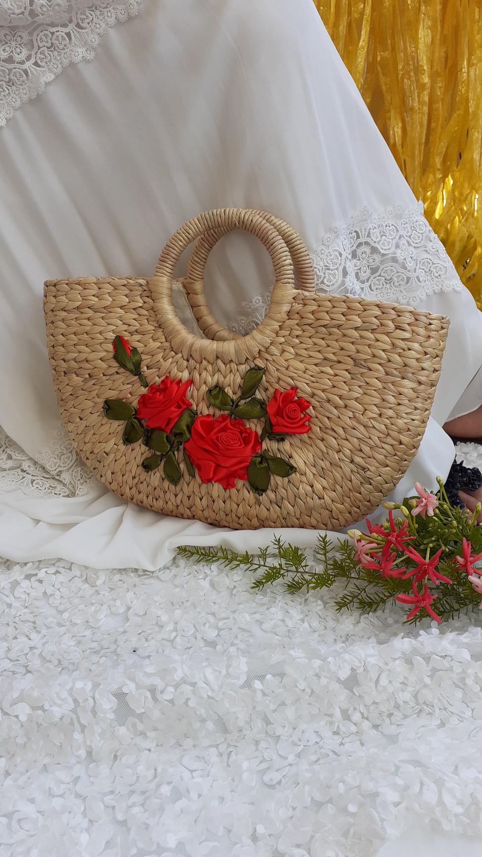 Túi cói lục bình bán nguyệt kết hoa ruybang