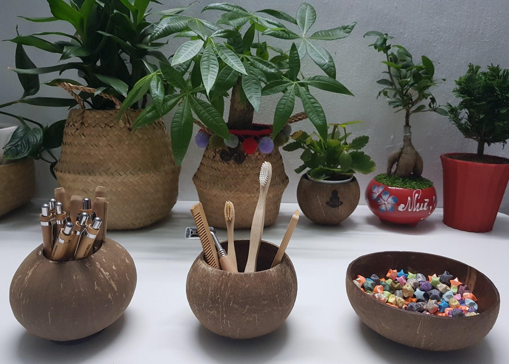 [HCM]Bộ 3 gáo dừa : Hũ đựng bút cao  có đế hũ thấp và chén .