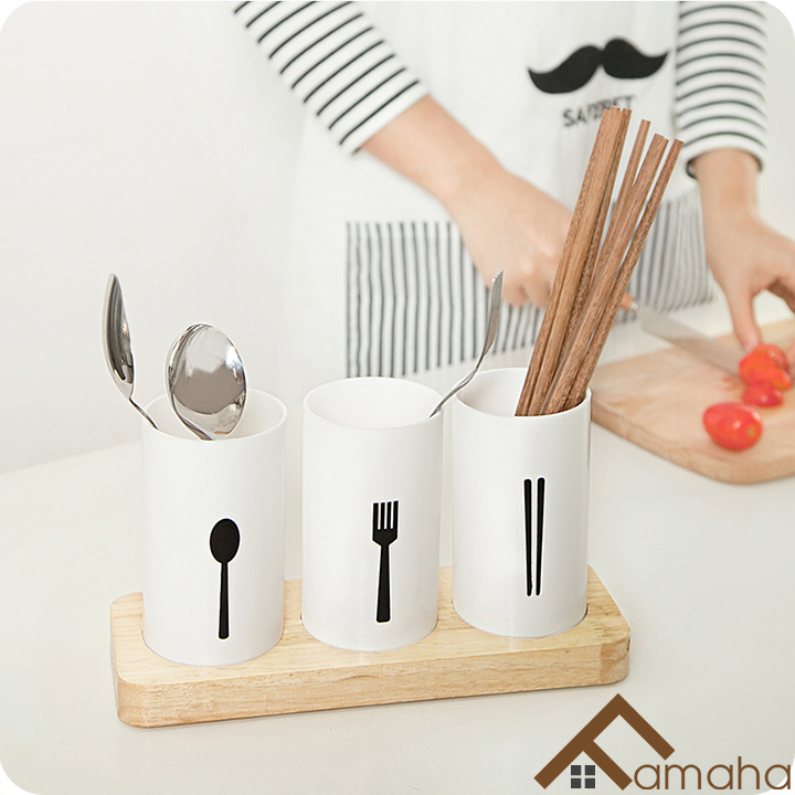 Bộ 3 ống cắm đũa muỗng, thìa kèm đế gỗ mẫu mới sang trọng trang trí phòng bếp chất liệu nhựa PP cao cấp