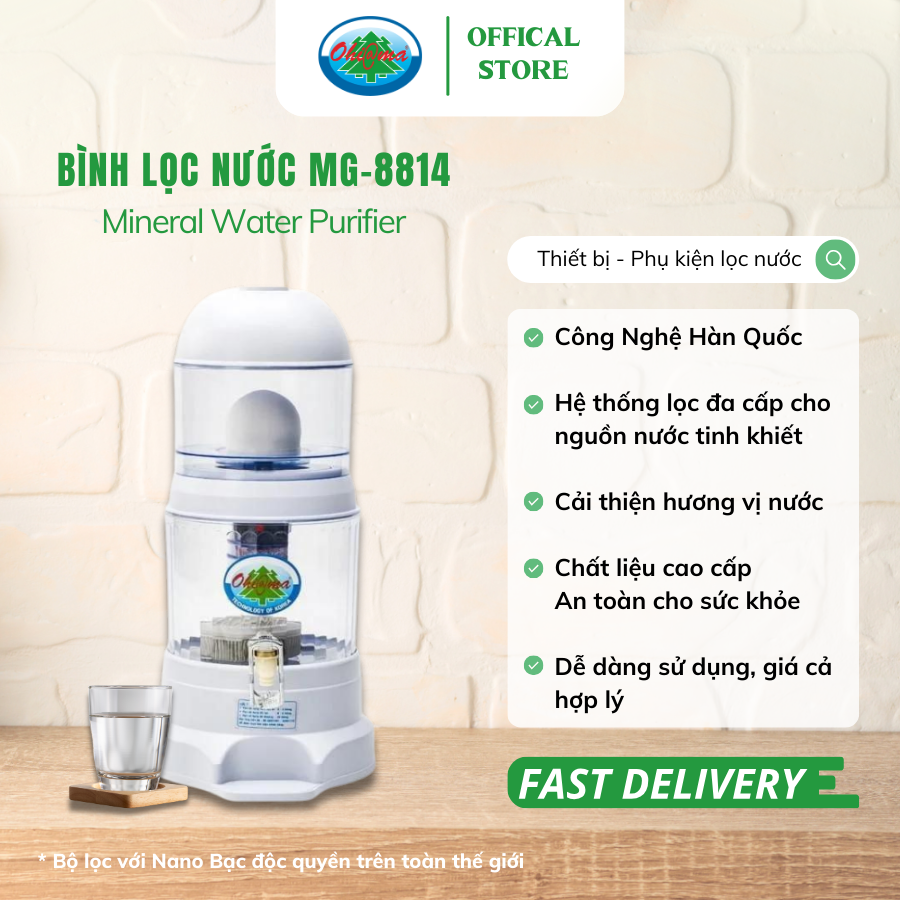 Bình Lọc Nước Ohiama Mineral Water Purifier MG-8814 16 Lit - Nấm Sứ Ceramic và Lõi Lọc 5 Tầng - An toàn cho sức khỏe Người dùng
