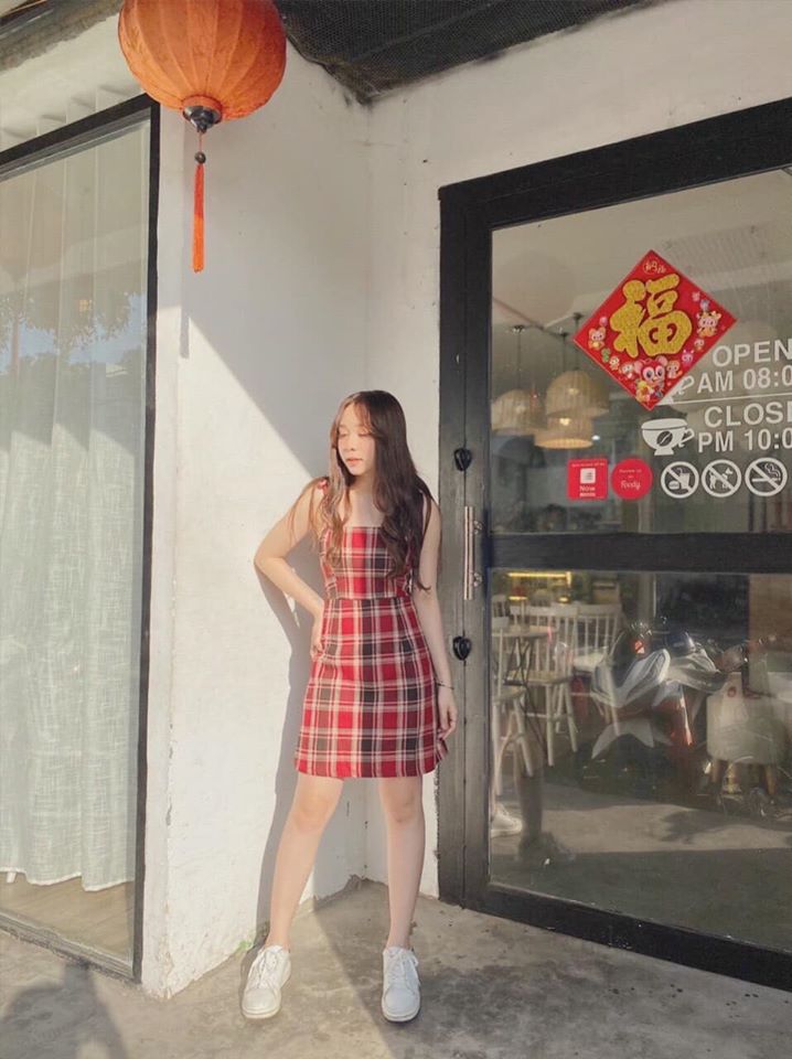 Đầm caro 2 dây - Hình thật