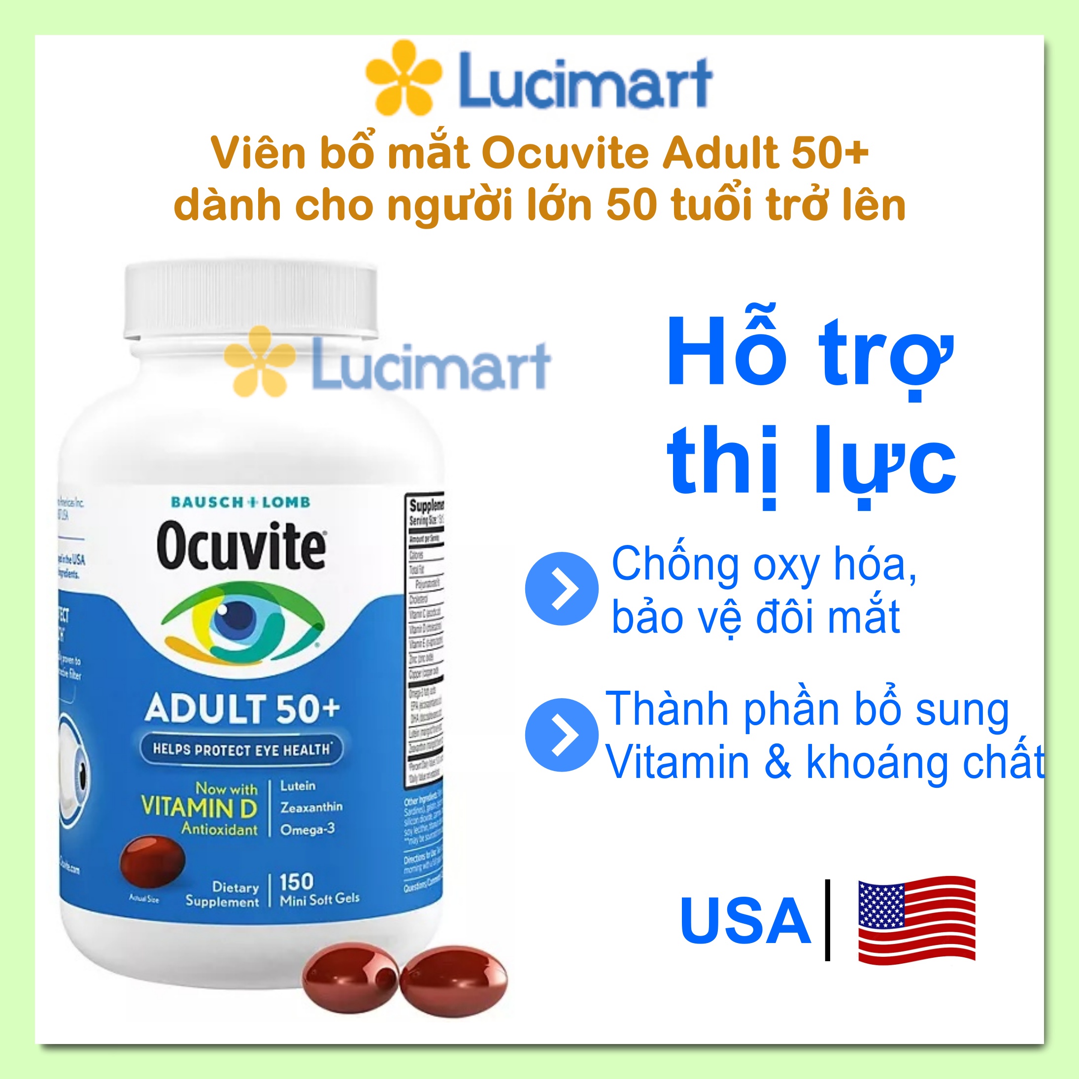 Viên bổ mắt Ocuvite Adult 50+ dành cho người lớn 50 tuổi trở lên, viên mềm [hàng Mỹ]