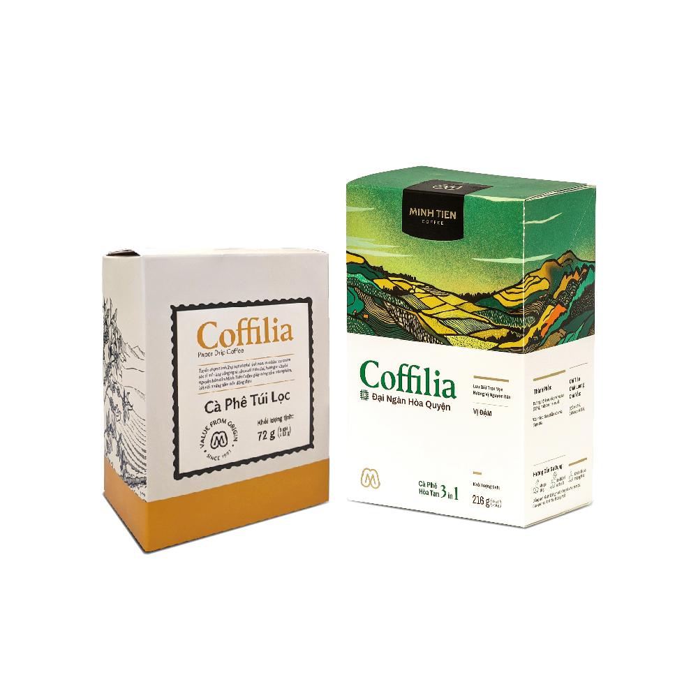 Combo cà phê "Dịu Dàng Sắc Hương" Cafe Coffilia túi lọc 72g (6x12g) và Coffilia 3in1 vị đậm Đại Ngàn Hòa Quyện 216g (12x18g)- Combo cà phê nhẹ nhàng tiện dụng - Minh Tien Coffee