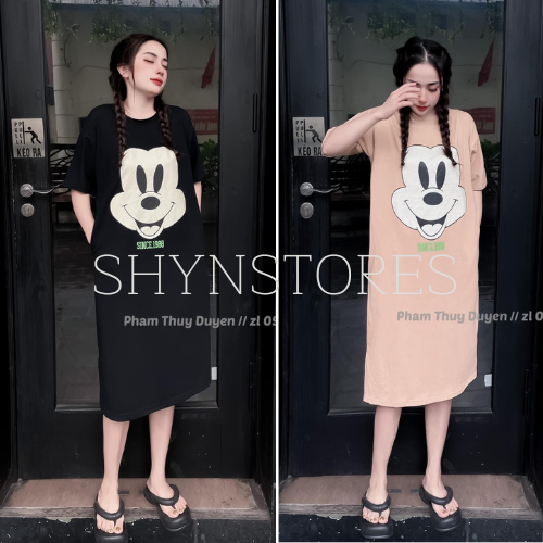 Sỉ Đầm suông nữ - váy suông cổ tròn tay lỡ túi eo xẻ tà in hoạt hình