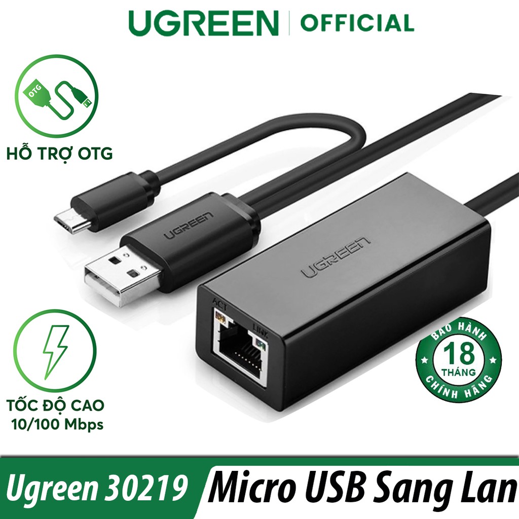 Cáp chuyển đổi micro usb và usb 2.0 sang lan ugreen 30219 chính hãng