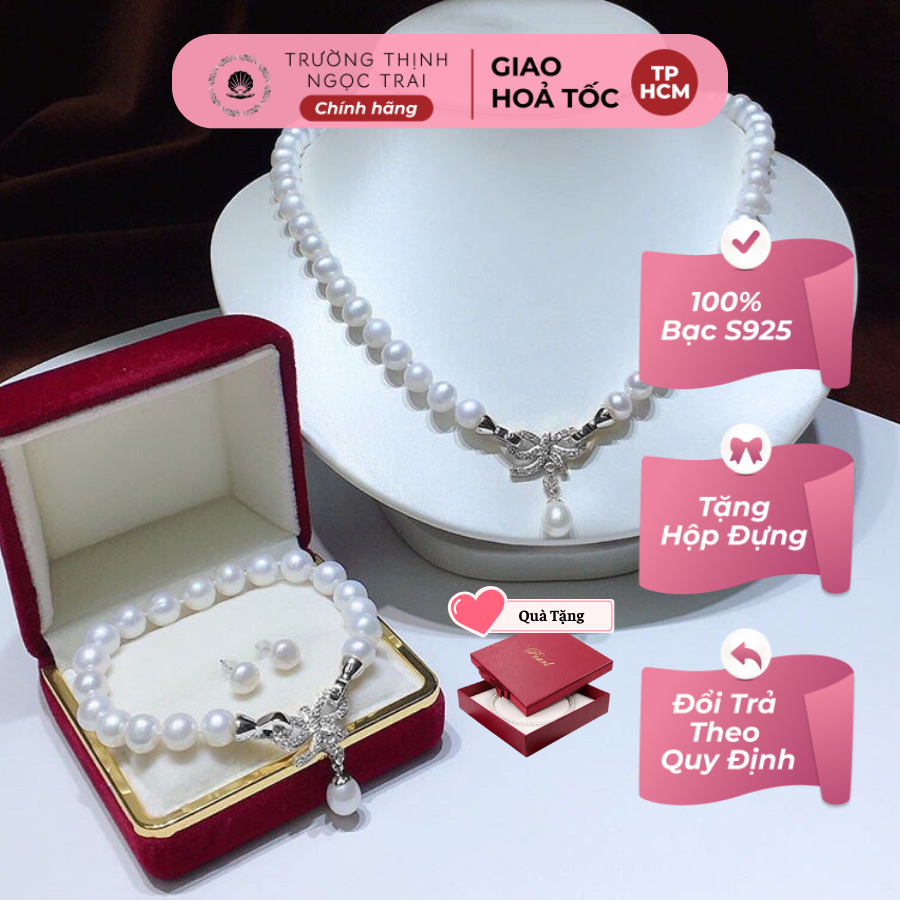 Bộ trang sức ngọc trai 4 món màu trắng khóa nơ trẻ trung, bộ ngọc trai quà tăng, phụ kiện trang sức dự tiệc - trường thịnh ngọc trai