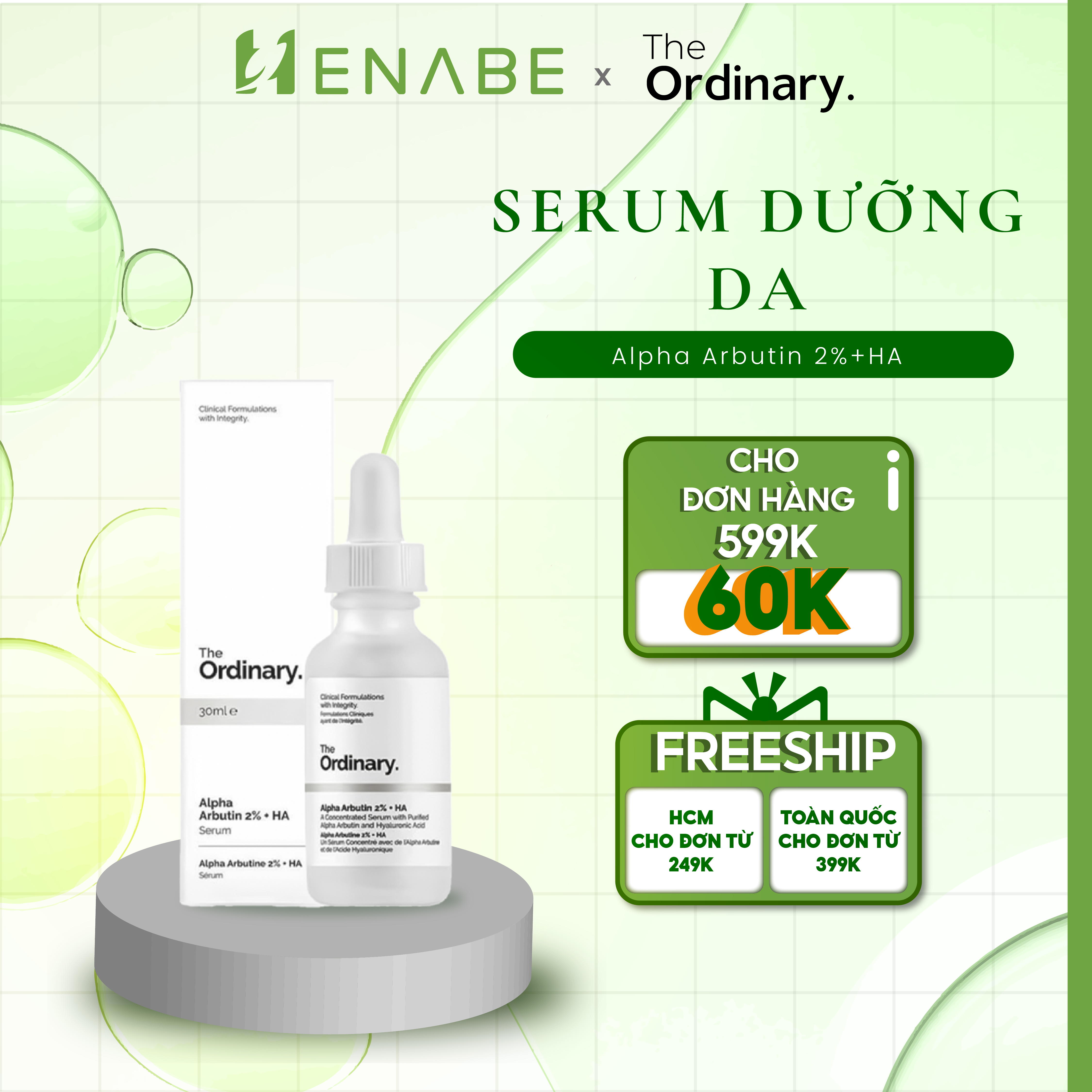 Serum the ordinary alpha arbutin 2% + ha tinh chất dưỡng trắng chăm sóc da 30ml