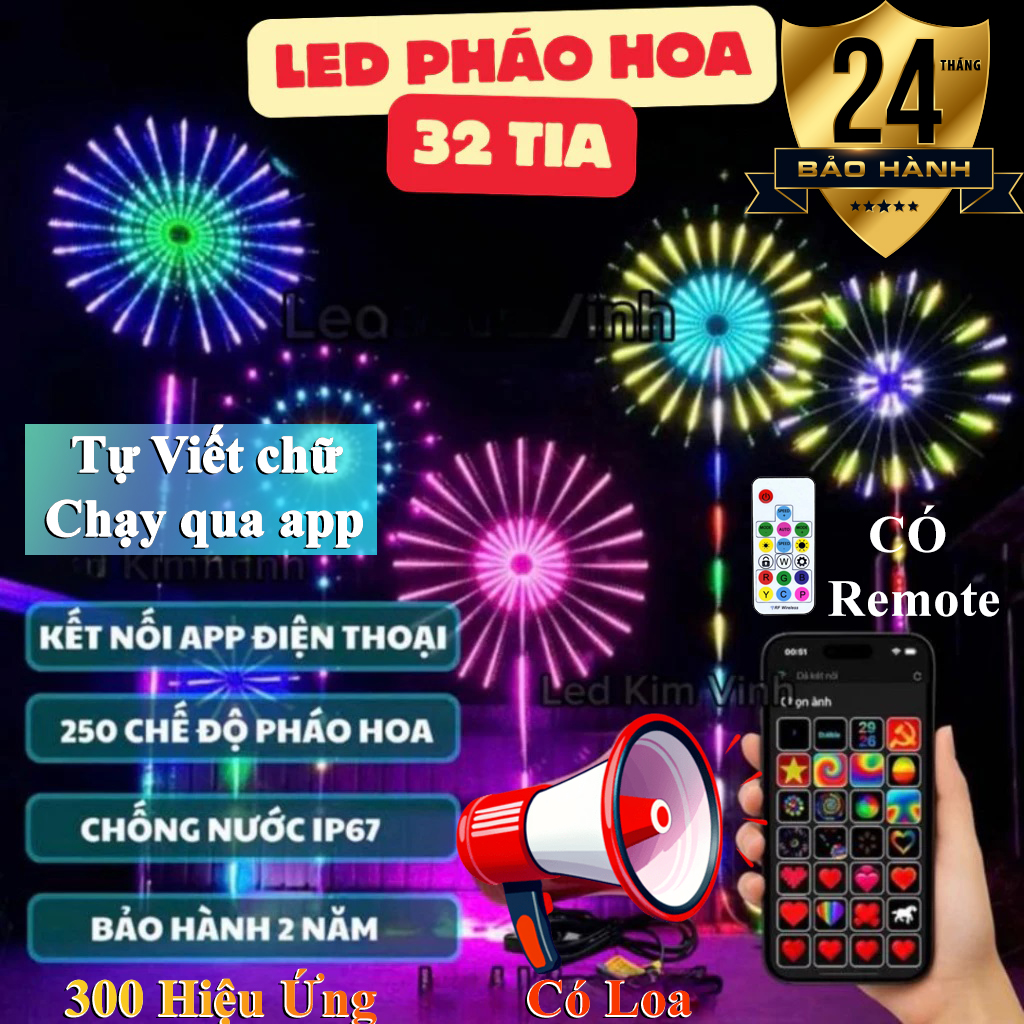  Bảo Hành 24 tháng- Đèn Led Chong chóng pháo hoa Ngoài trời 24 tia và 32 tia có Loa và điều khiển KÈM KHUNG chống nước,nháy theo nhạc Bản 2026 ,cao 7m  tia dài 1m 300 hiệu ứng điều chỉnh qua app điện thoại hoặc remote 