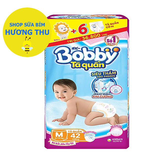 Tã/bỉm quần bobby size m 42 miếng dành cho bé 6 đến 10 kg, rãnh thấm kim cương