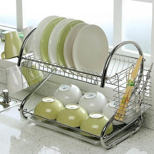Kệ úp bát đĩa inox 2 tầng có khay hứng nước tiện dụng