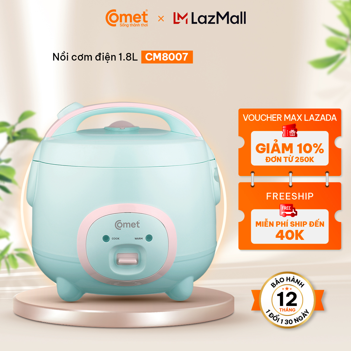 Nồi cơm điện nắp gài 1.8L COMET CM8007 - 4-6 người ăn, Nồi cơm Comet hình chú heo - Hàng chính hãng - Bảo hành 12 tháng