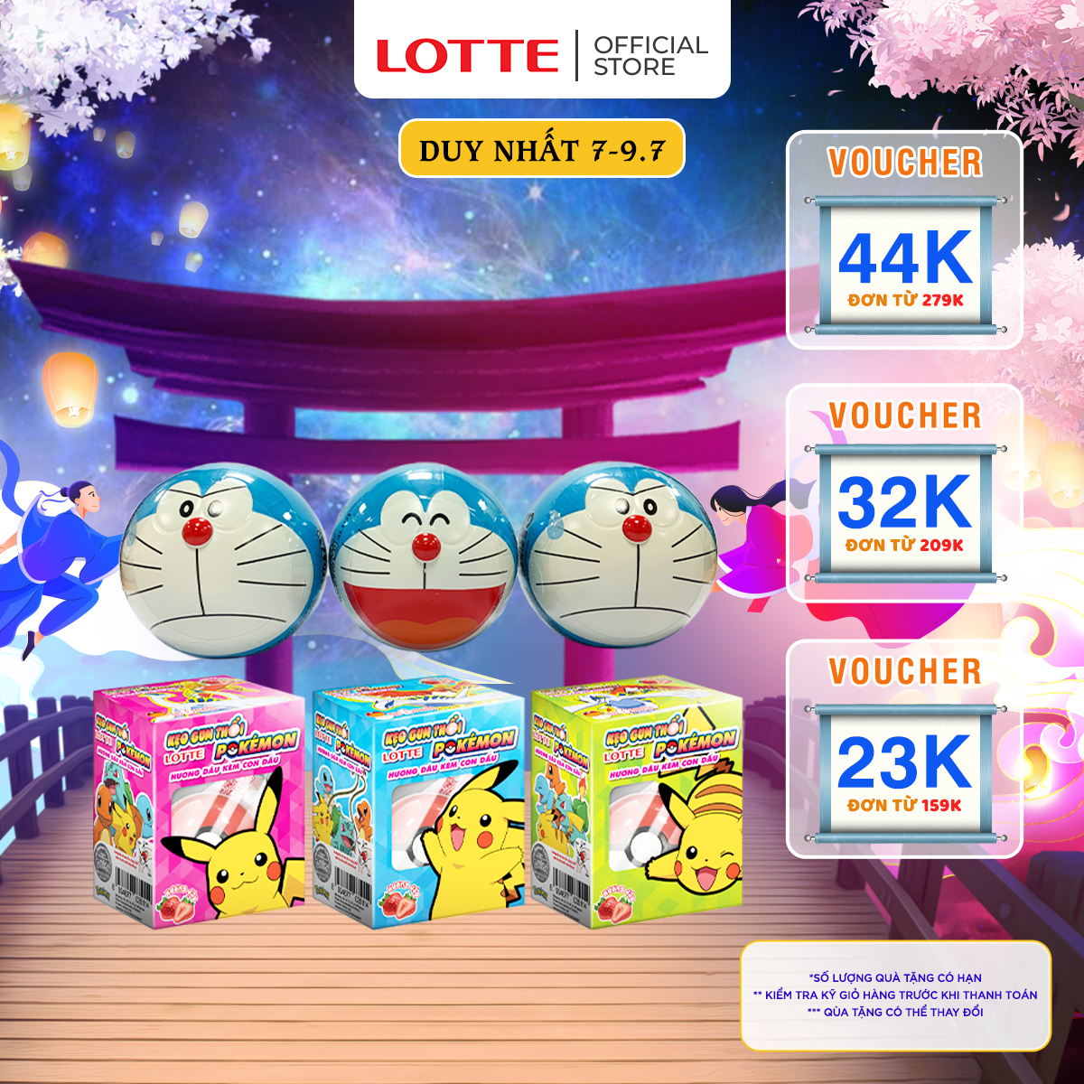 Combo 3+3 Bóng Doraemon kẹo gum hương Cam & Kẹo gum Lotte Pokemon Hương Dâu