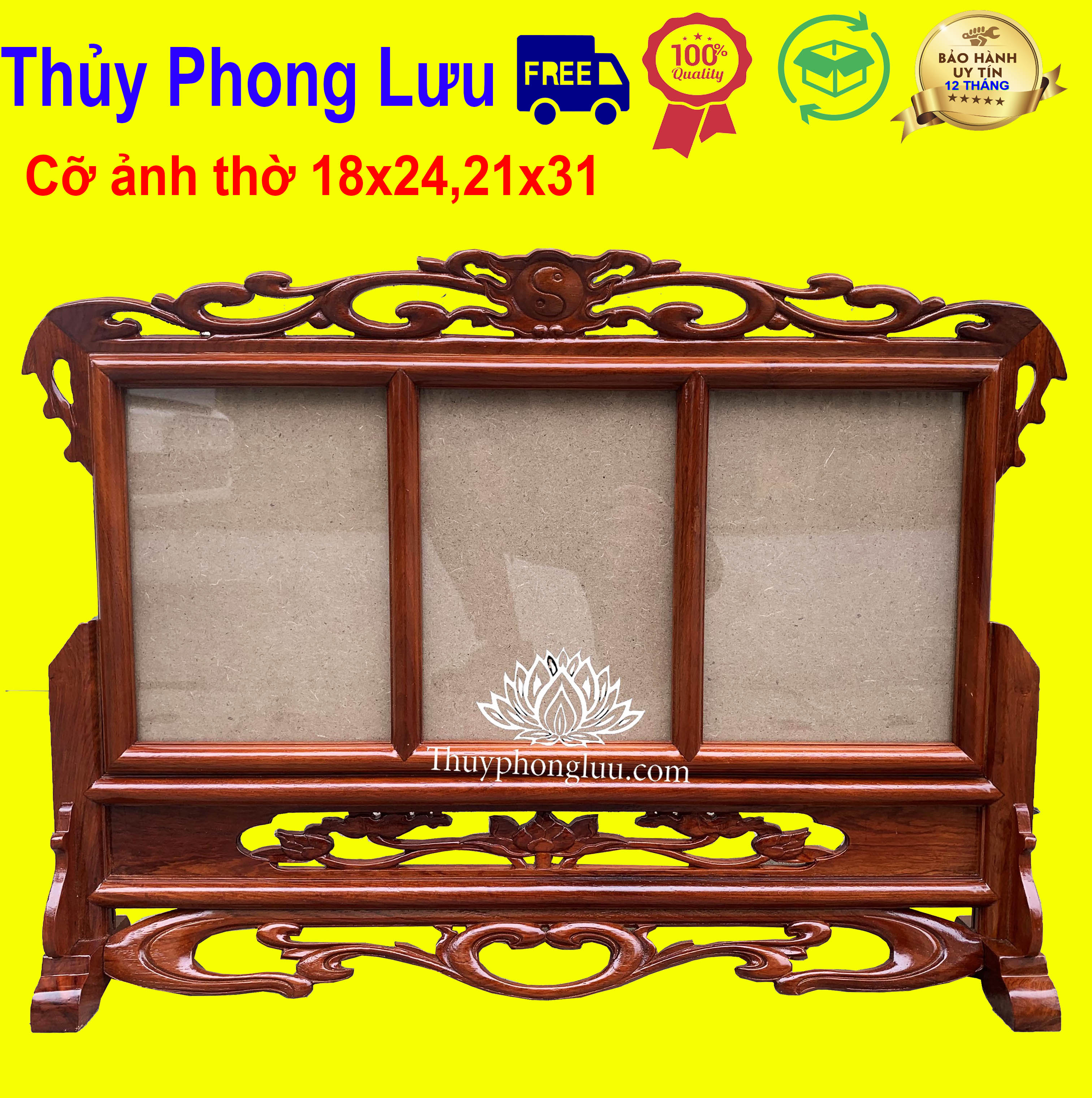 Khung ảnh bàn thờ 3 hình thờ gỗ hương cỡ 18x24,21x31