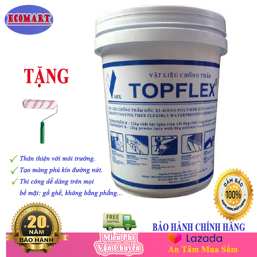 Sơn Chống Thấm Siêu Đàn Hồi- Hai Thành Phấn - TOPFLEX18kg- EC0MART- Vmix Topflex có độ đàn hồi lên đến 300%, an toàn - thân thiện với môi trường,chống thấm bể cá, bể nước sinh hoạt, ban công, chống thấm thuận - ngược