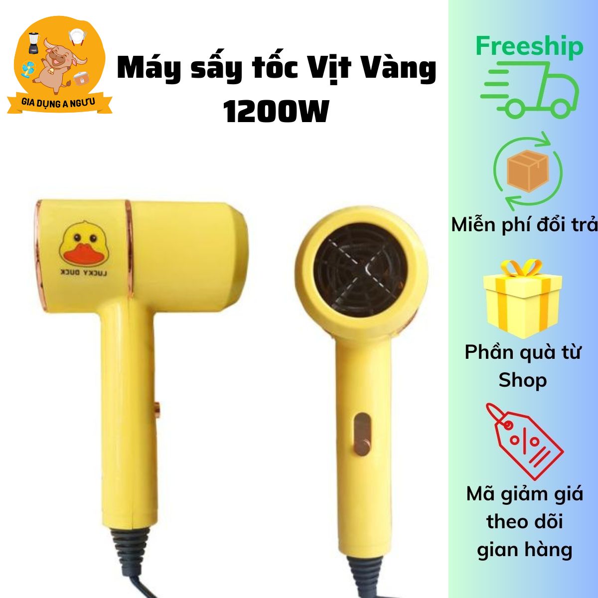 Máy sấy tóc mini vịt vàng 1200w, máy sấy tóc tạo kiểu hình vịt con cute tặng kèm phụ kiện, máy sấy vịt vàng nhỏ gọn dể mang theo du lịch tiện lợi