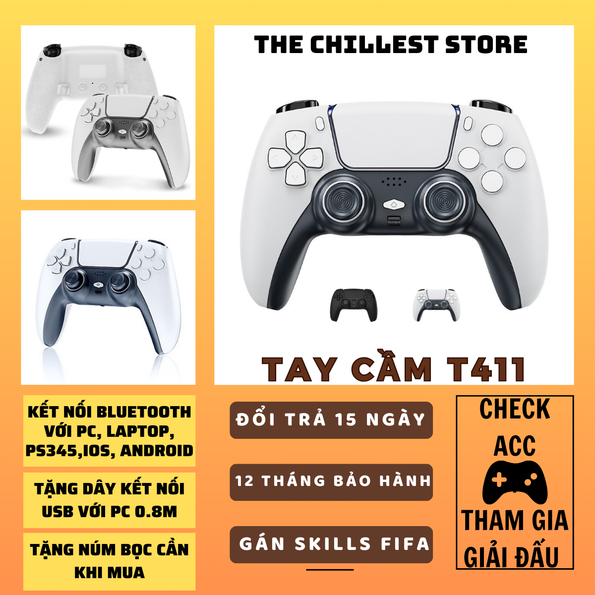 Tay cầm chơi game T411, Tay cầm chơi game Bluetooth và có dây, kết nối PC/Laptop/PS, Chơi FC Online 