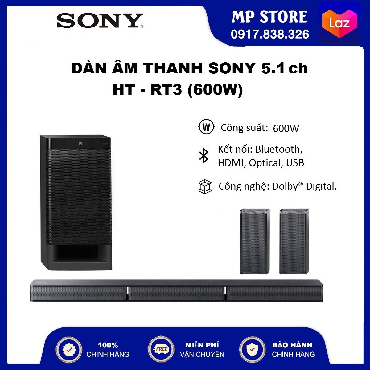 [Trả góp 0%][XẢ KHO] Dàn âm thanh Sony 5.1 HT-RT3 600W