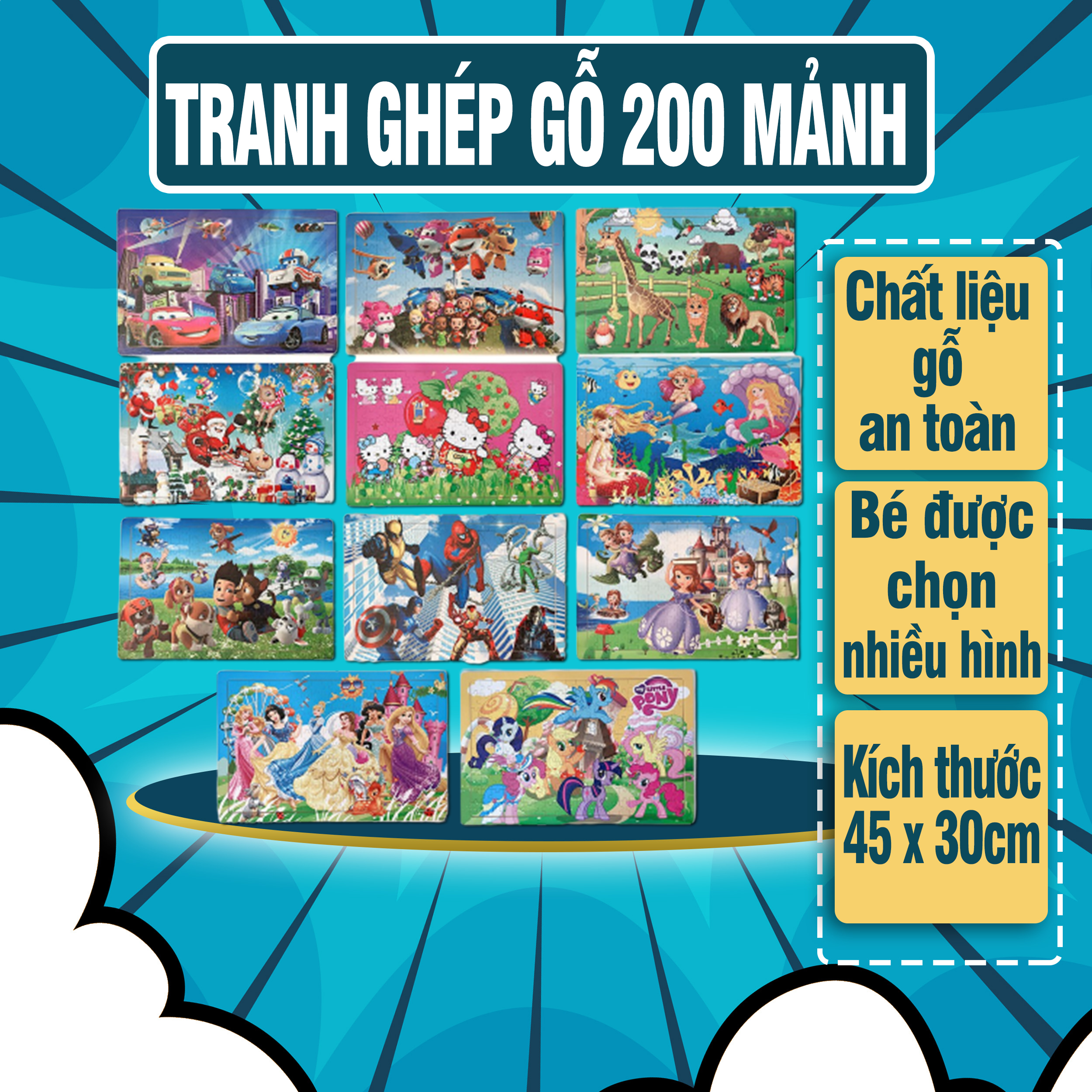 Tranh ghép gỗ cho bé - 200 mảnh Chất liệu gỗ cao cấp, nhiều hình lựa chọn - Tranh ghép gỗ, tranh xếp hình, bộ xếp hình, tranh ghep hinh cho be, bo do choi xep hinh, tranh ghep hinh 200 mieng, - Luna Baby