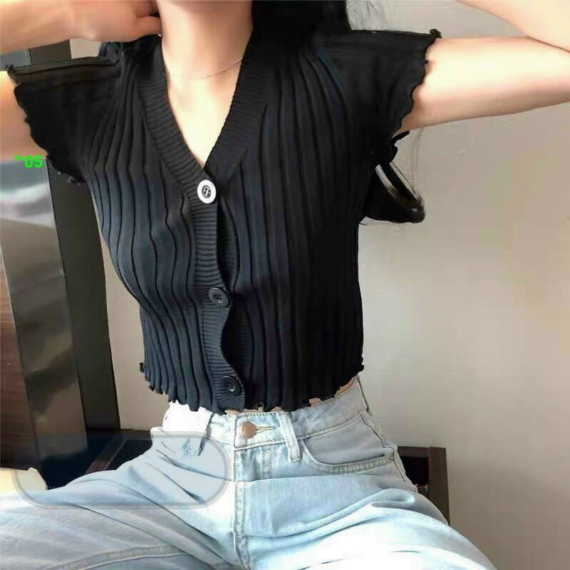 Áo croptop nữ cài nút - chất liệu thun co giản - thiết kế cổ v bo viền bèo siêu xinh xắn