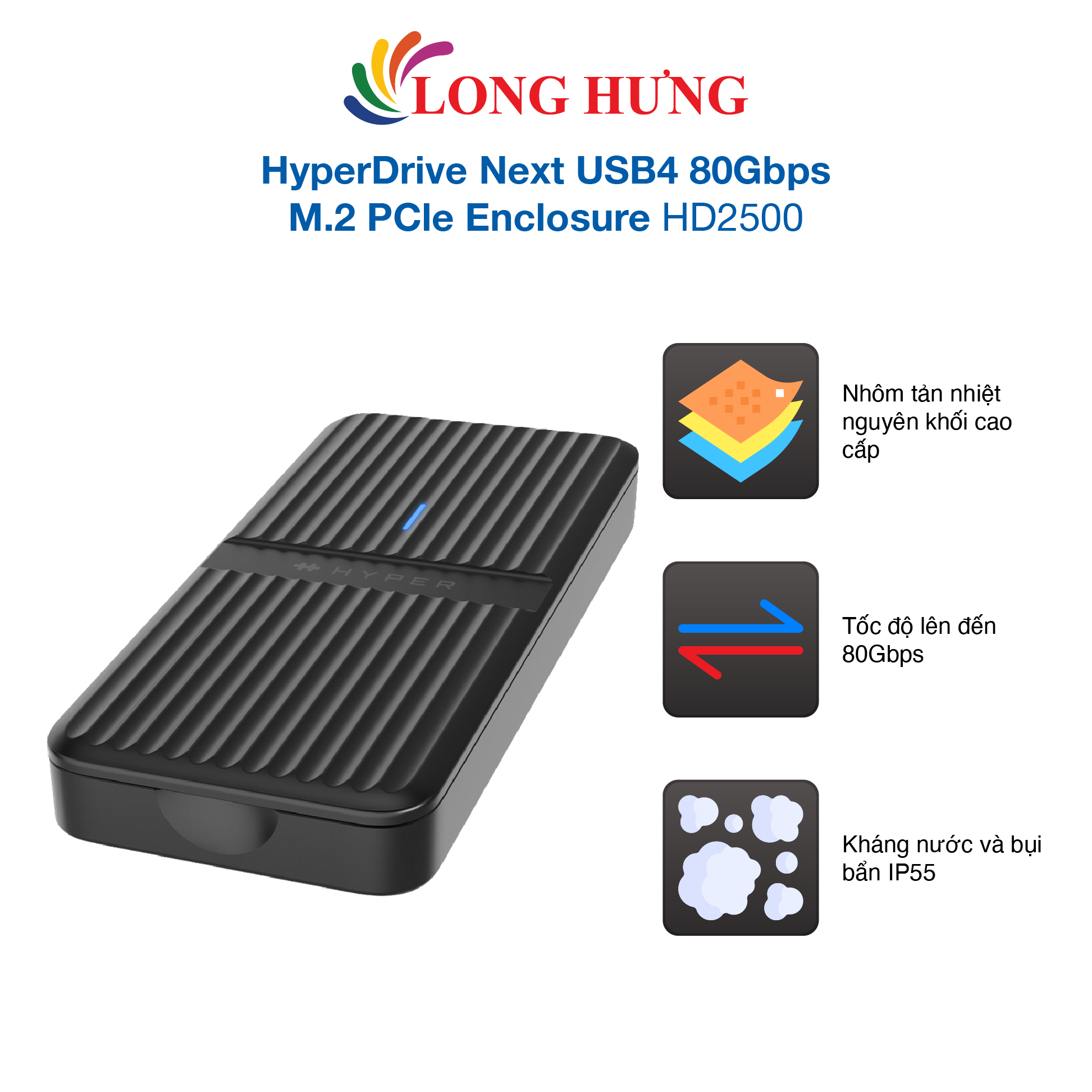 Hộp đựng ổ cứng HyperDrive Next USB4 80Gbps M.2 PCle Enclosure HD2500 - Hàng chính hãng - Tốc độ80Gbps, Hỗ trợ SSD M.2 NVMe, Cắm là dùng