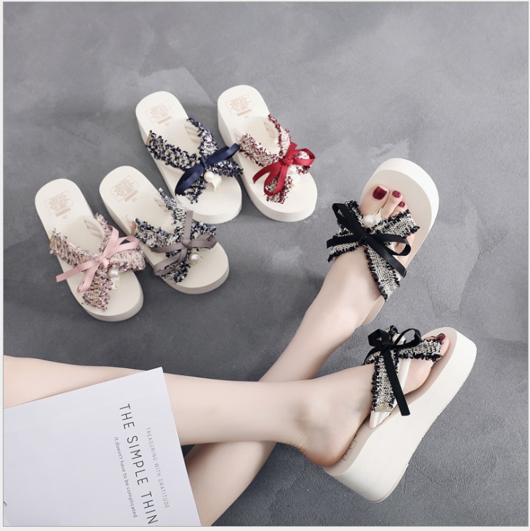 Dép tông nữ xỏ ngón dép kẹp chống trượt 6cm quai đính nơ đi biển