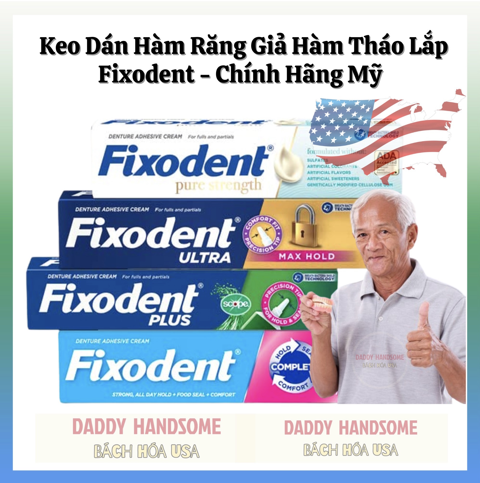 Keo dán hàm giả hàm tháo lắp răng giả fixodent original 68gr max hold 62gr