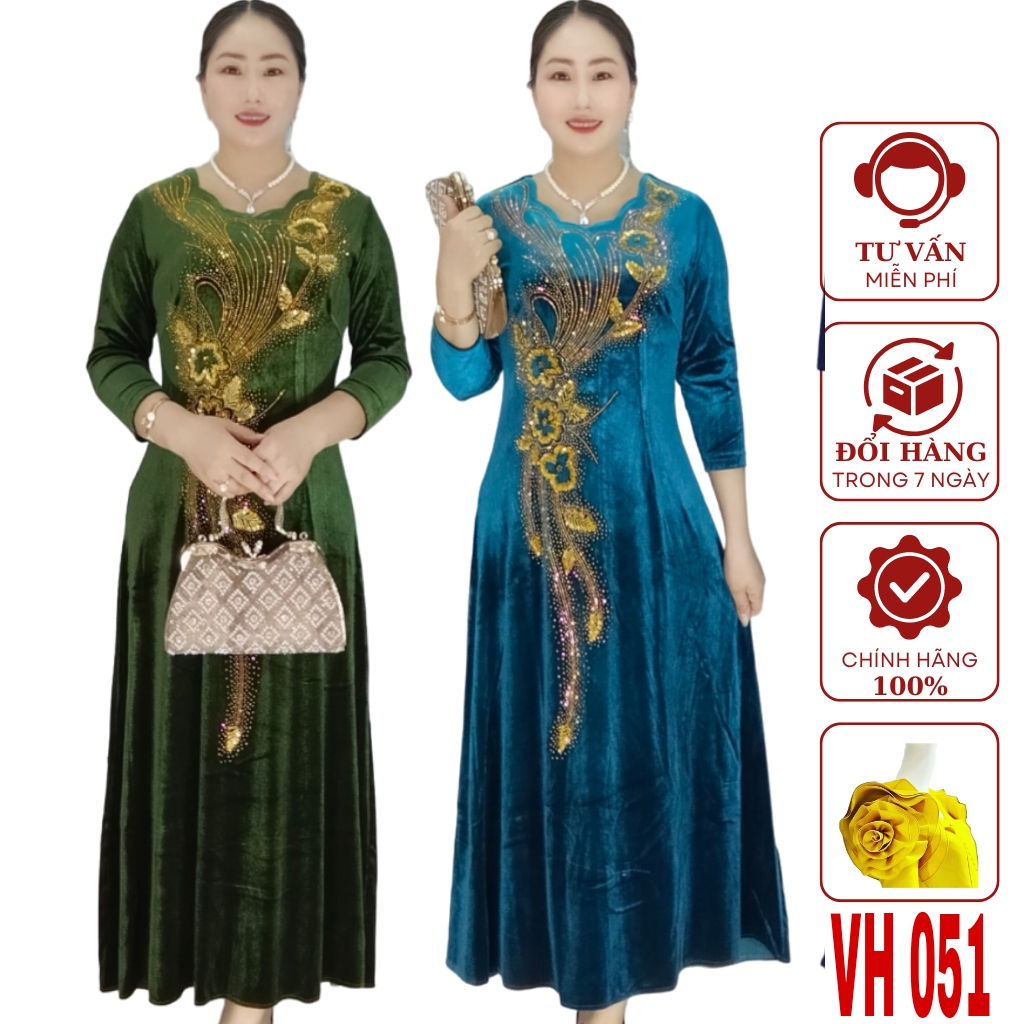 Váy đầm trung niên vh051 ép đá kết kim sa, sang chảnh ,quý phái , phù hợp với tuổi trung niên