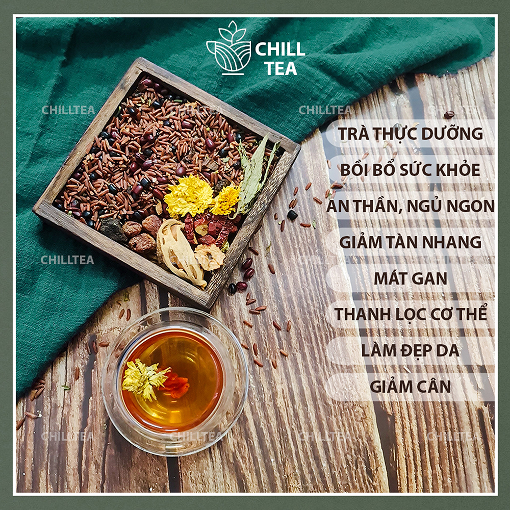Trà gạo lứt củ sen thực dưỡng chilltea, trà gạo lứt đậu đen, hoa cúc, củ sen dưỡng sinh, an thần, đẹp da 1 set nấu 500ml